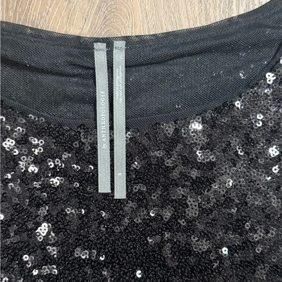 Anthropologie Black Sequin Embellished Short Sleeve Crop Top - Picture 2 of 6